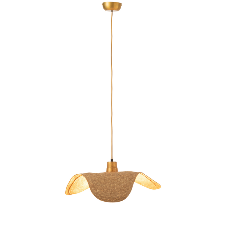 view of Boucan ceiling lamp turn on showing jute texture and curved design.