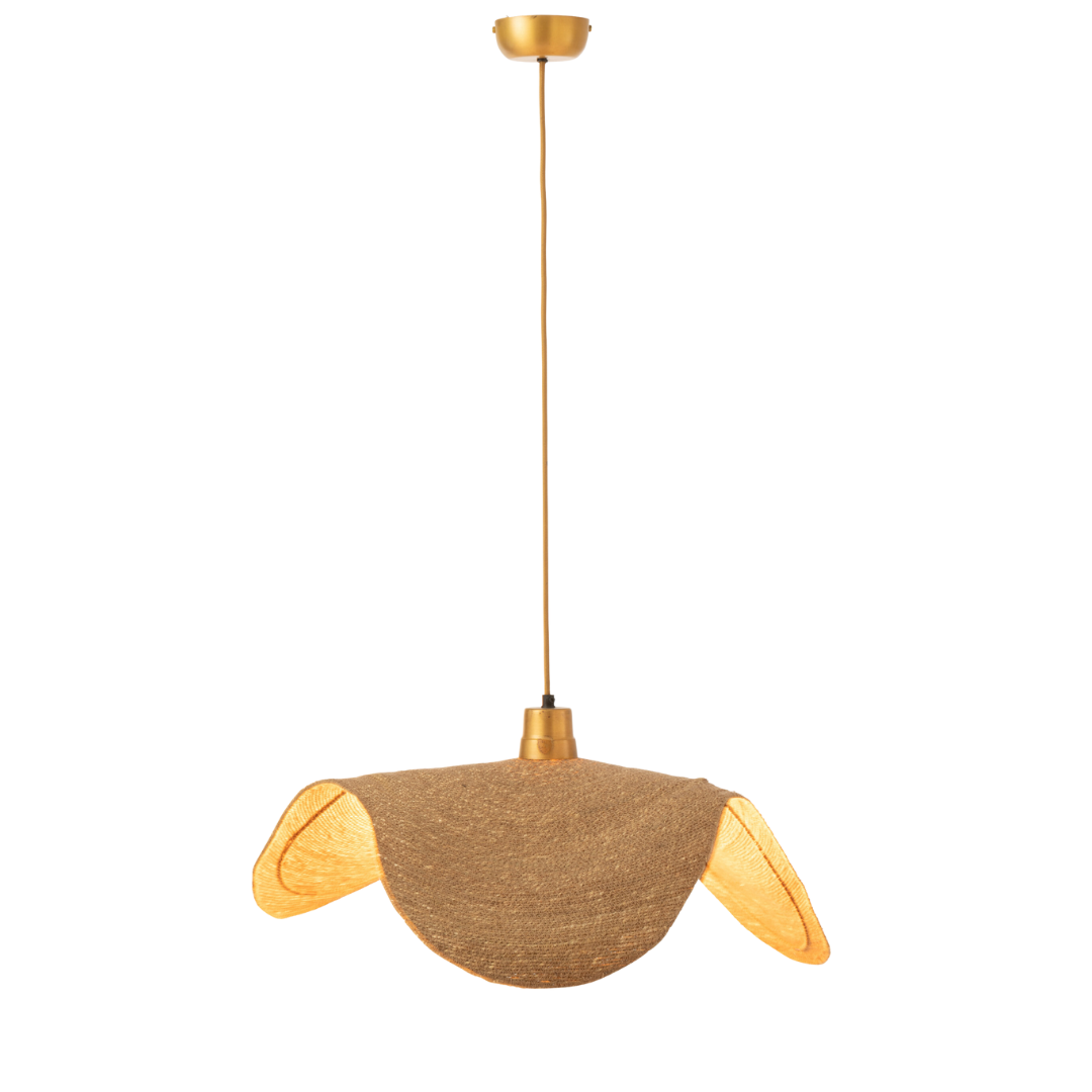 View of Boucan ceiling lamp turn on showing jute texture and curved design.