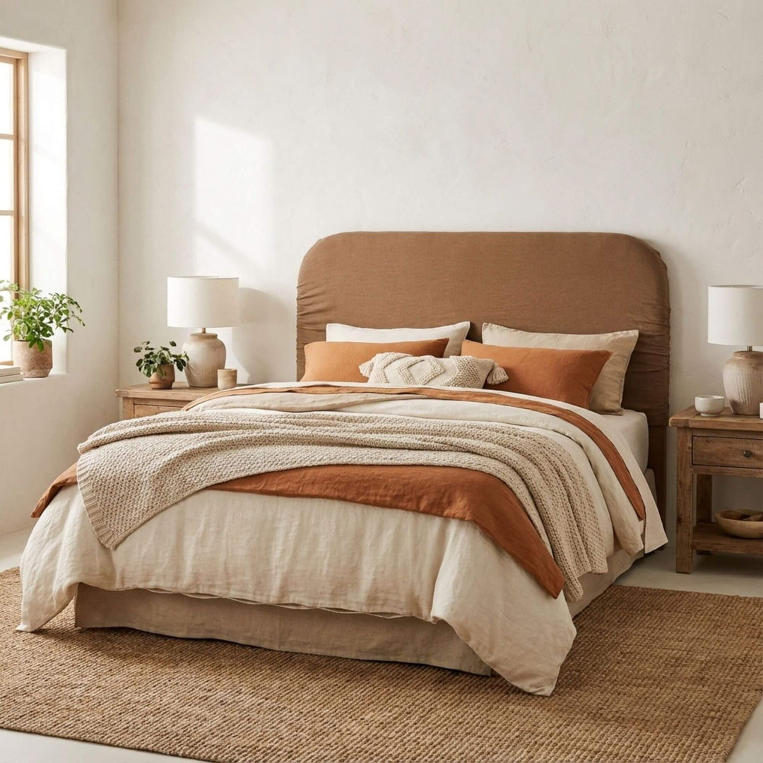 Styled bedroom interior featuring the Bouclé Upholstered Headboard creating a warm and inviting atmosphere.