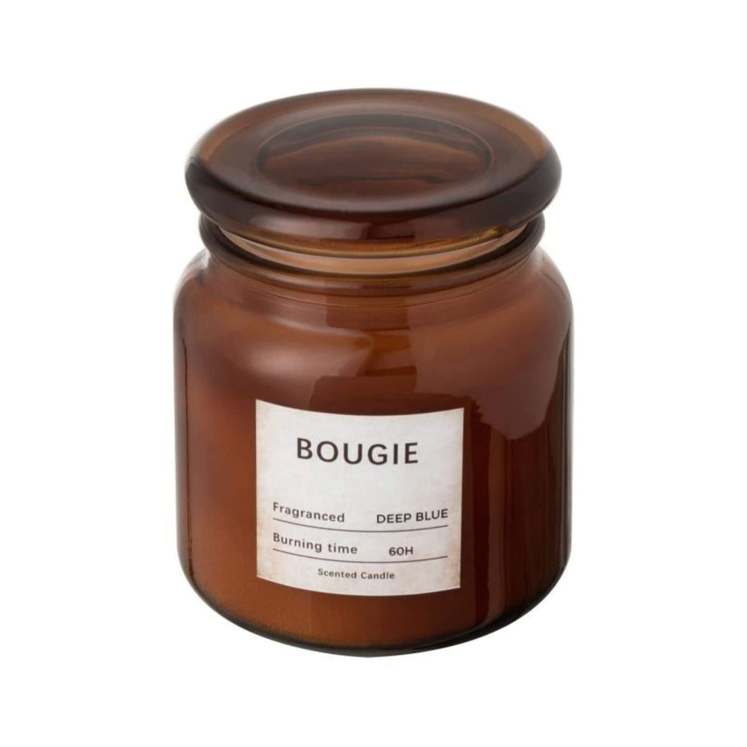 Bougie Small Candle closed with lid in amber glass jar with Deep Blue fragrance label.
