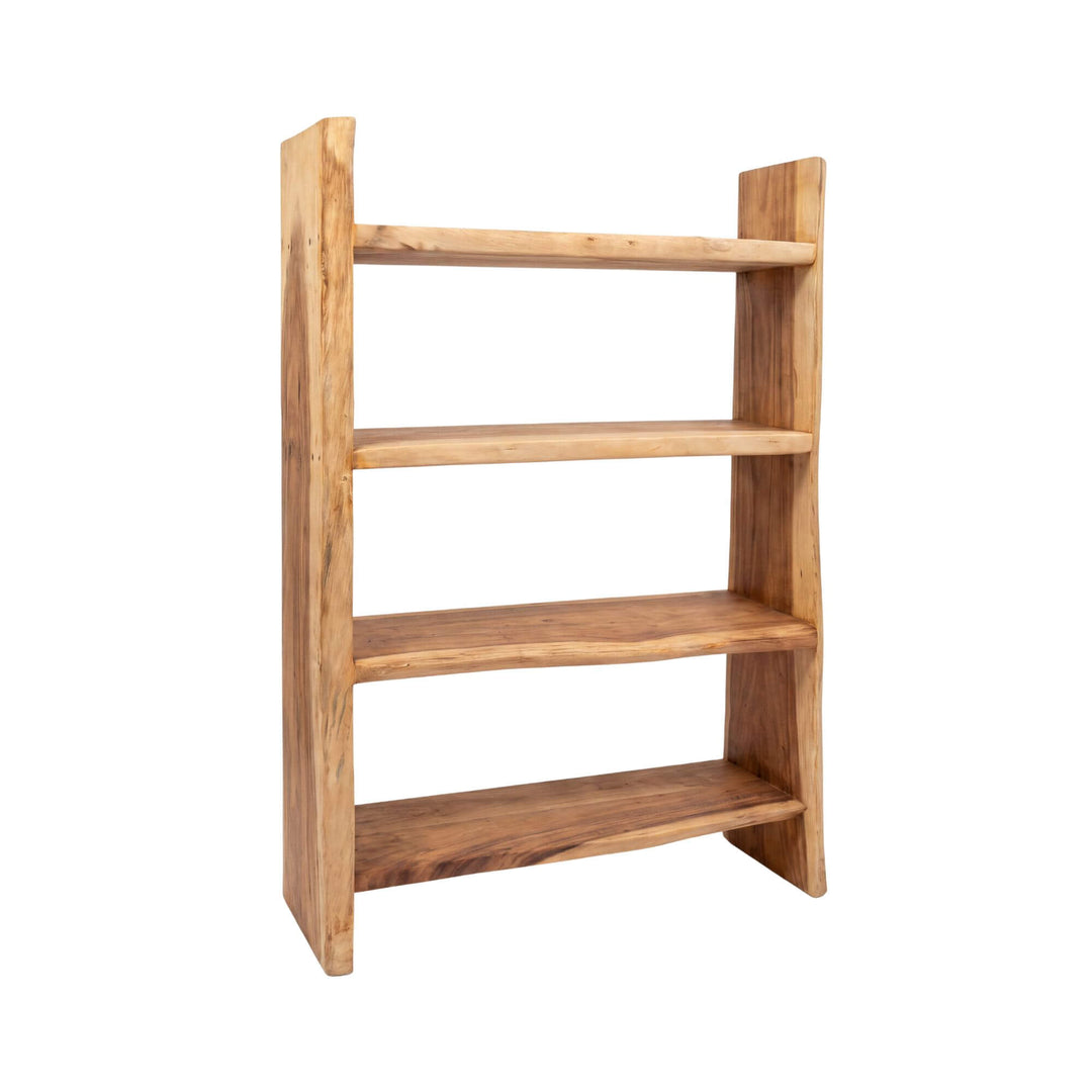 Front angled view of the Brabant suar wood bookcase with four open shelves and warm natural wood grain