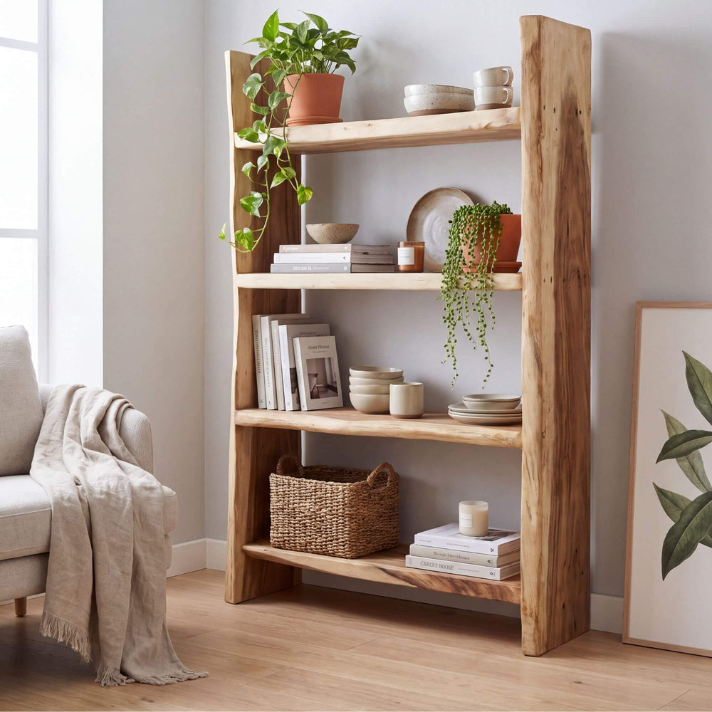 Brabant suar wood library styled with books, baskets, plants, and decorative objects in a warm natural interior