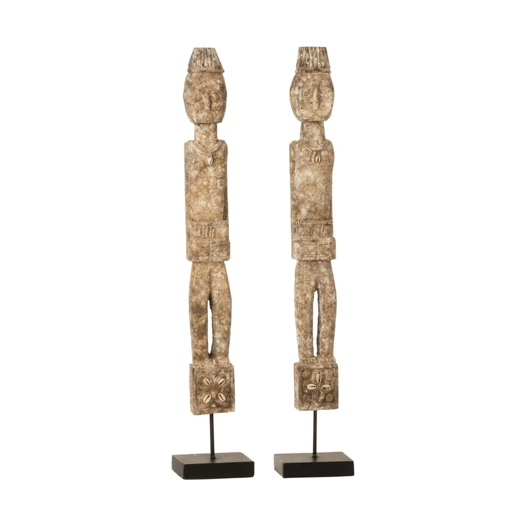 Brecitos Wood Sculpture tall tribal figure made from reclaimed wood on a black metal base.