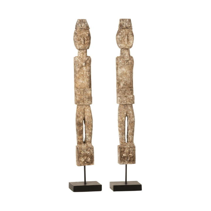 Brecitos Wood Sculpture tall tribal figure made from reclaimed wood on a black metal base.