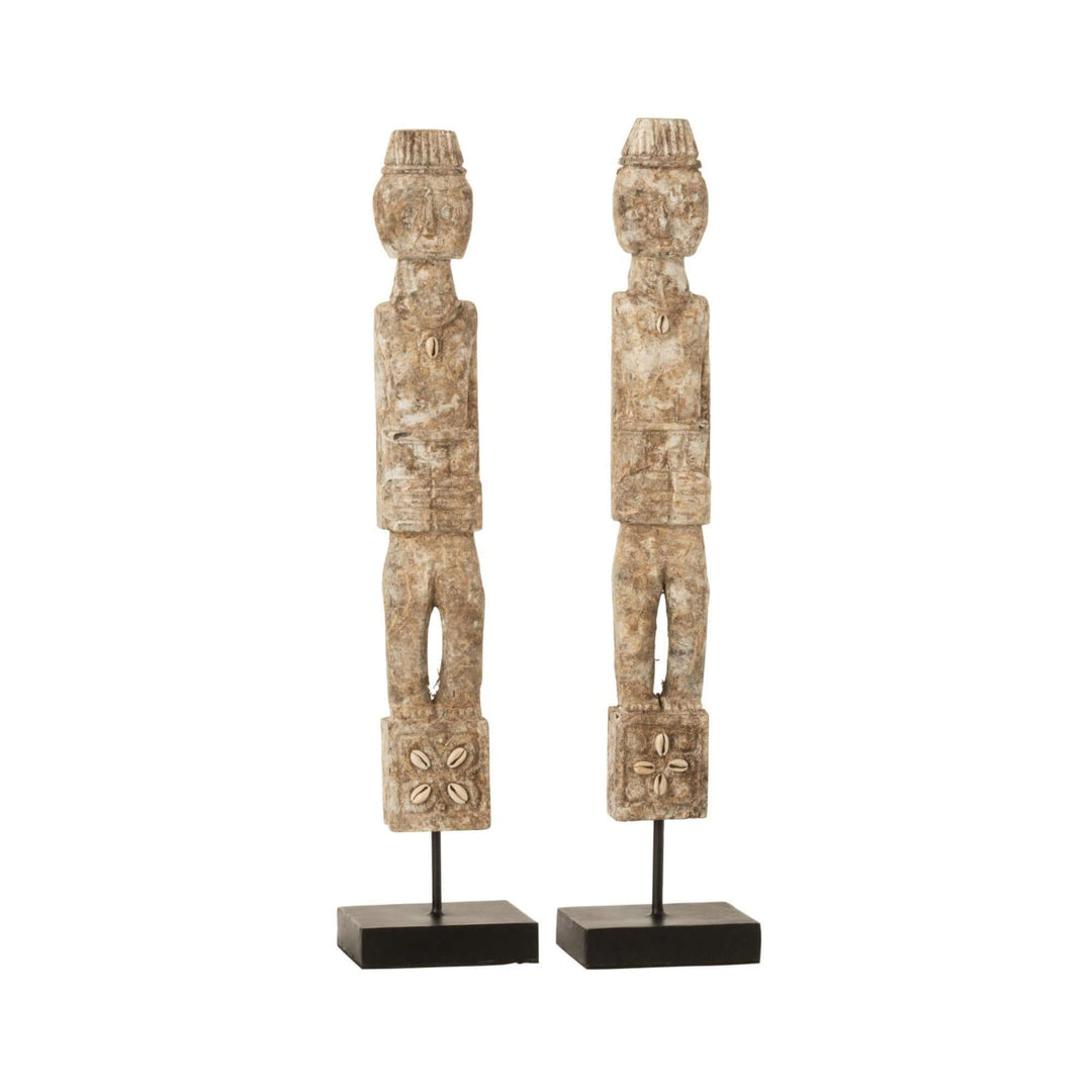 Brecitos Wood Sculpture tall tribal figure made from reclaimed wood on a black metal base.