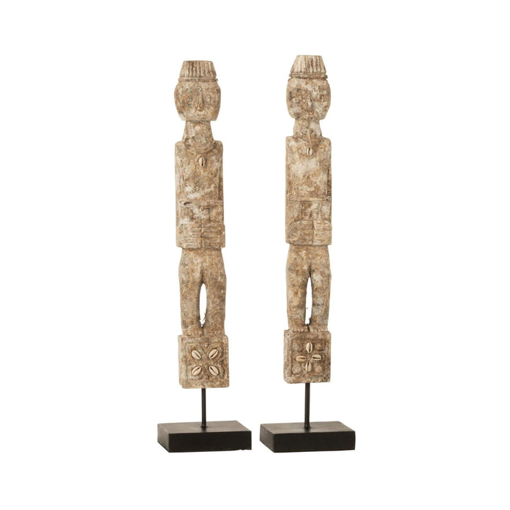 Brecitos Wood Sculpture tall tribal figure made from reclaimed wood on a black metal base.