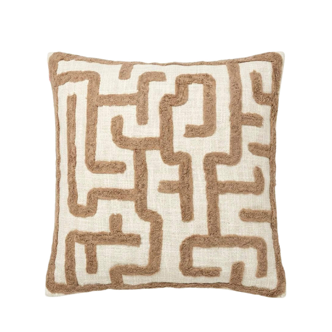 Front view of the Brenda cushion showing its tufted geometric pattern in soft beige and warm taupe tones.
