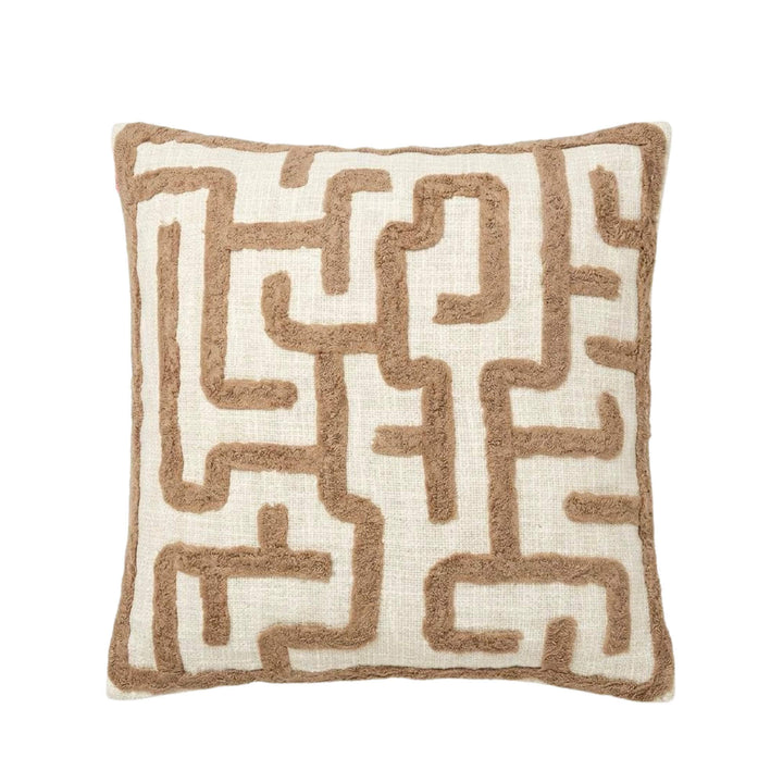 Front view of the Brenda cushion showing its tufted geometric pattern in soft beige and warm taupe tones.