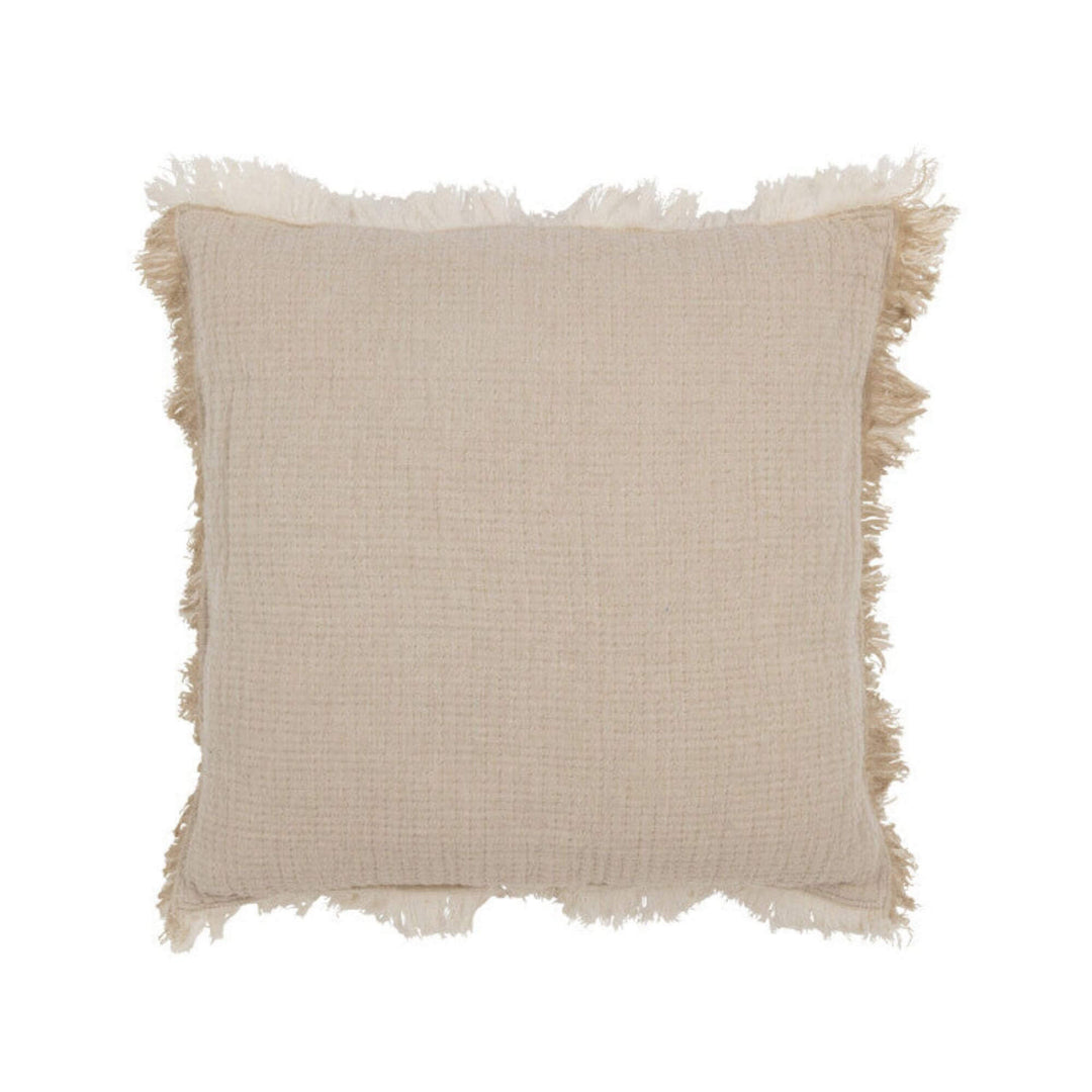 Brisa Cushion Beige showing textured cotton fabric and fringe edges front view.