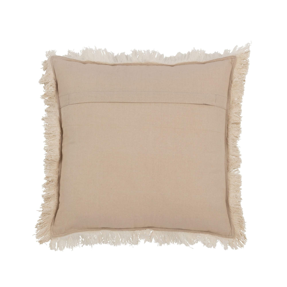 Brisa Cushion Beige back view displaying envelope closure and fringe border.