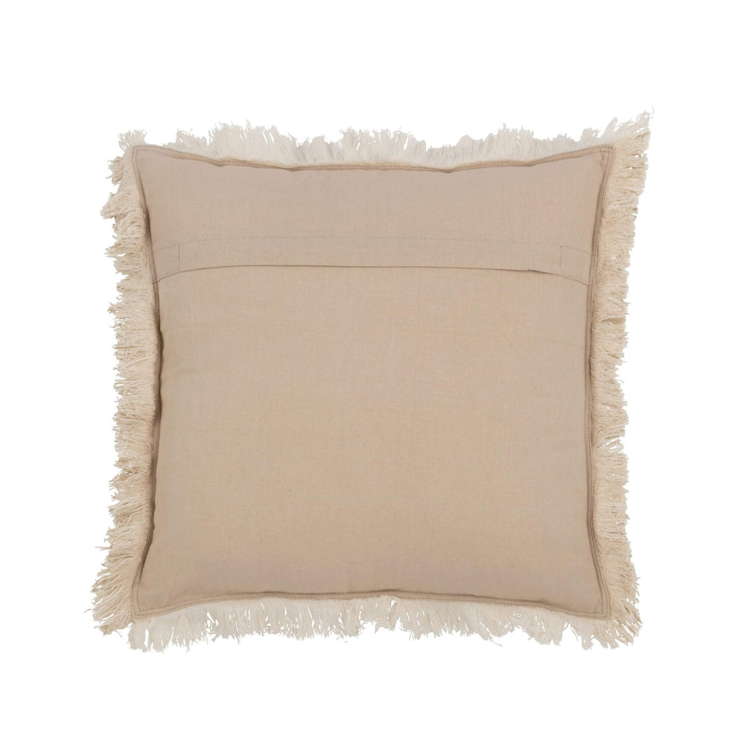 Brisa Cushion Beige back view displaying envelope closure and fringe border.