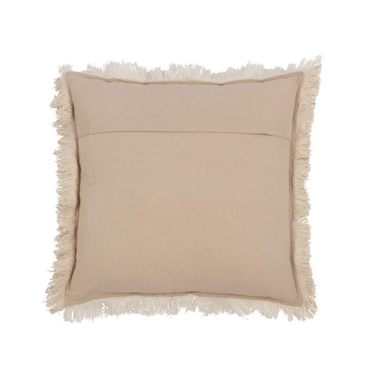 Brisa Cushion Beige back view displaying envelope closure and fringe border.