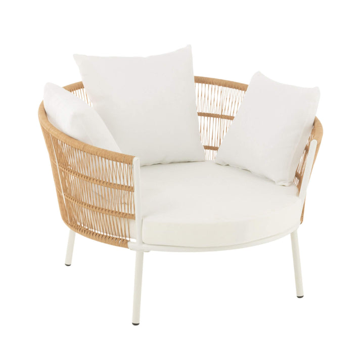 Perspective view of Brisa Lounge Chair highlighting round seat and woven back.

