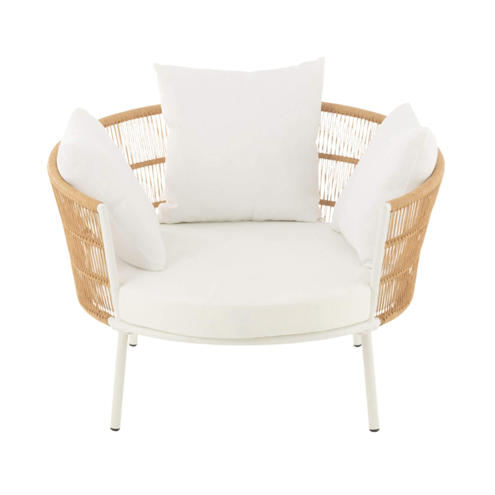 Front view of Brisa Outdoor Lounge Chair with three white cushions.
