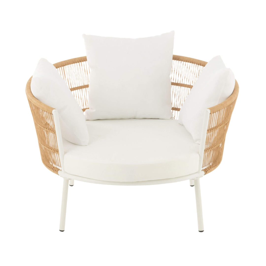 Front view of Brisa Outdoor Lounge Chair with three white cushions.