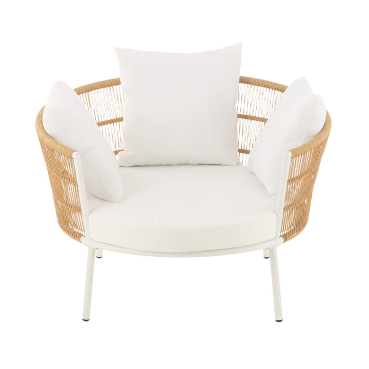 Front view of Brisa Outdoor Lounge Chair with three white cushions.