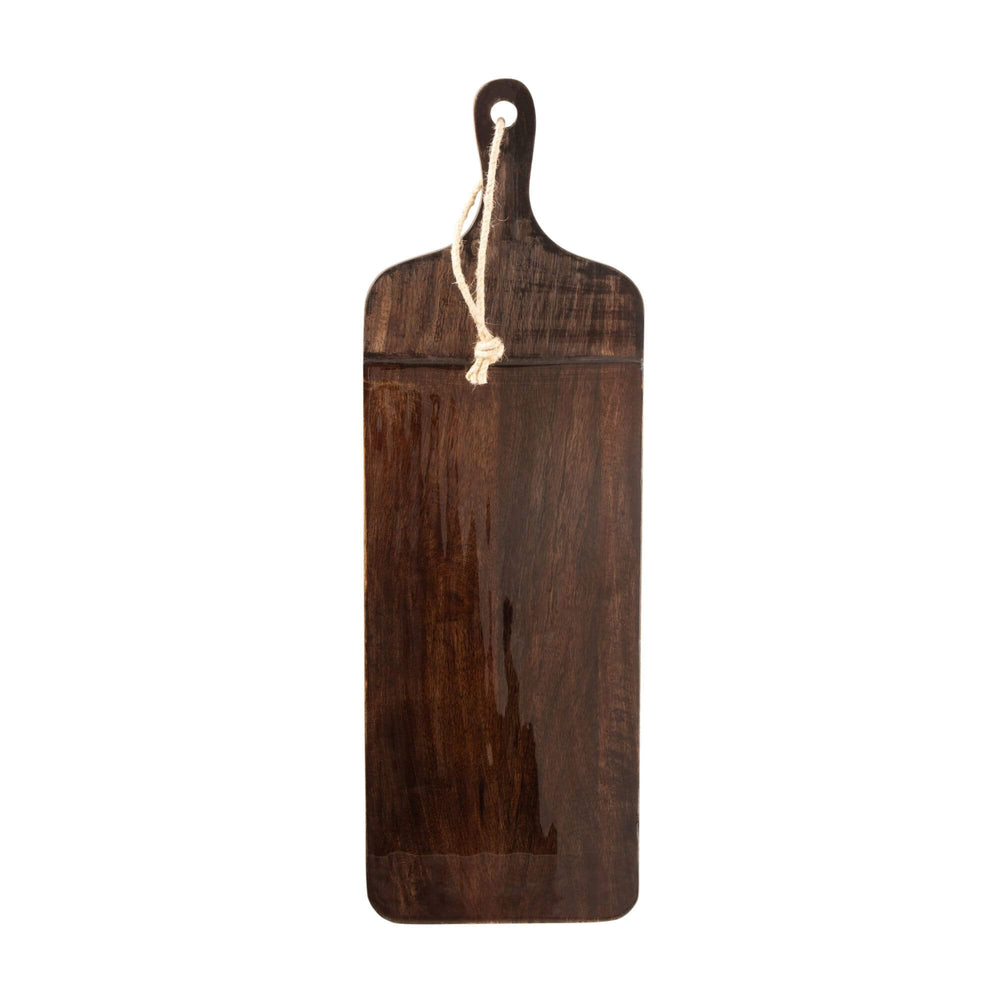 Brown Plake Chop Board front view showing rectangular mango wood surface with handle and rope.