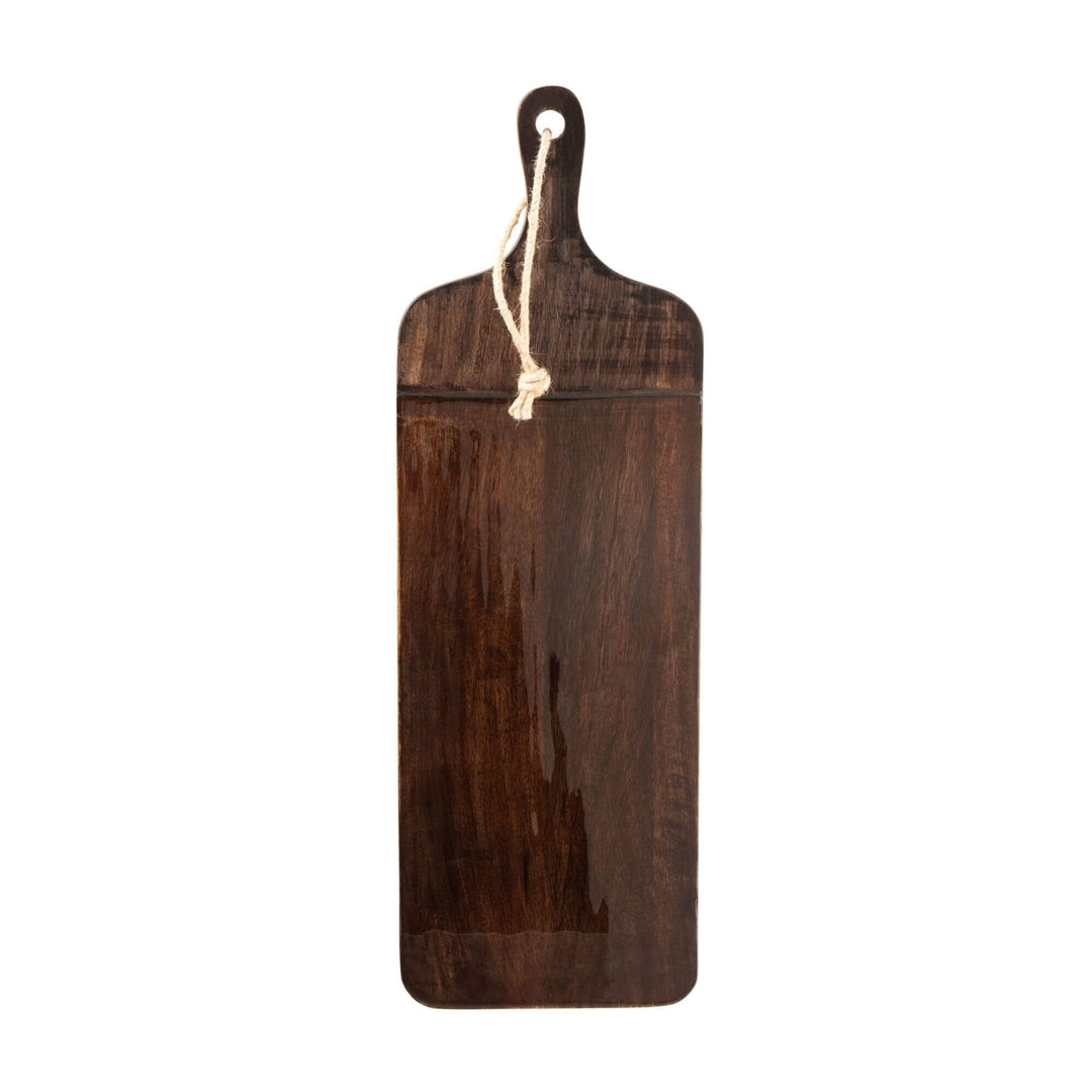 Brown Plake Chop Board front view showing rectangular mango wood surface with handle and rope.