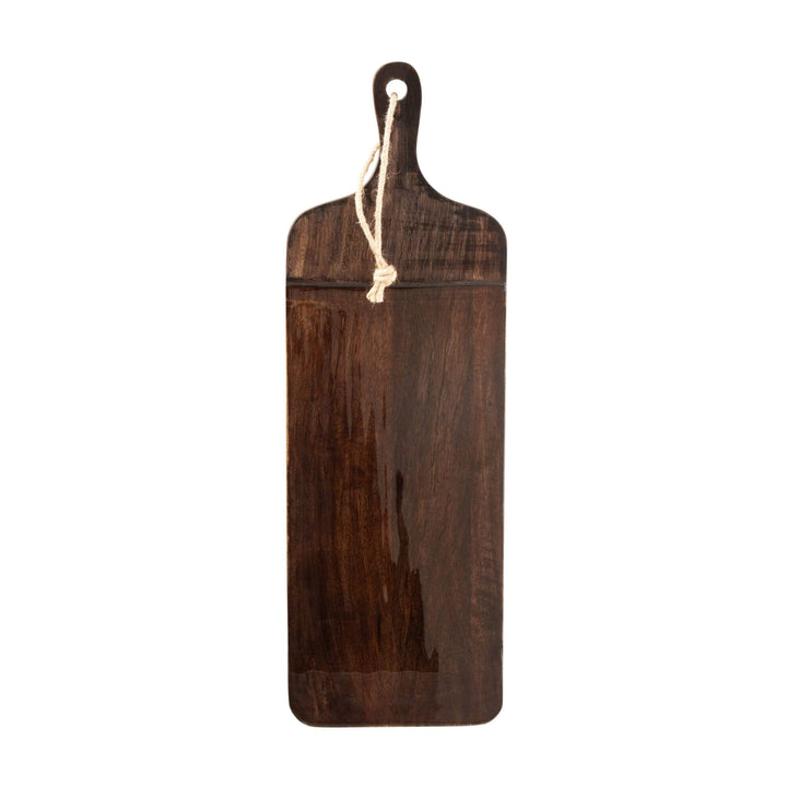 Brown Plake Chop Board front view showing rectangular mango wood surface with handle and rope.