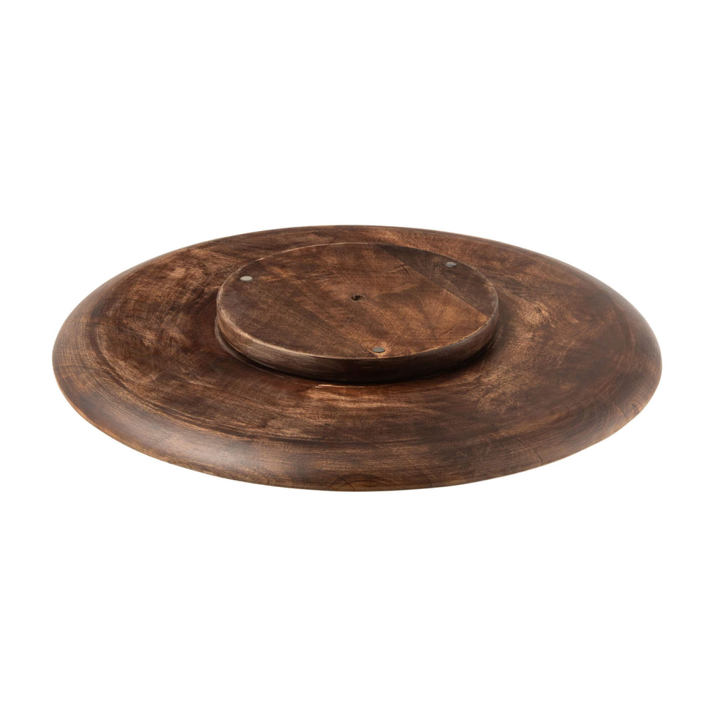 Brown Plake Lazy Susan Tray bottom view showing rotating base and rich mango wood texture.