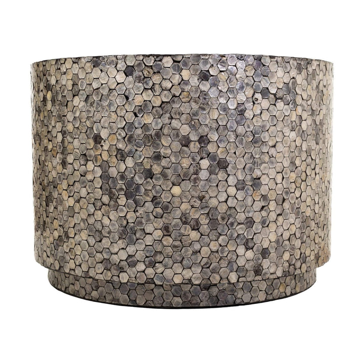 Front view of the grey Bruma Coffee Table showcasing hexagonal capiz tile surface and cylindrical shape.