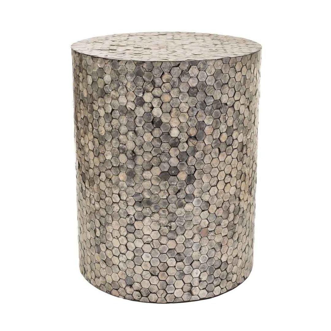 Angled view of the Bruma Stool highlighting the handcrafted grey capiz detailing.