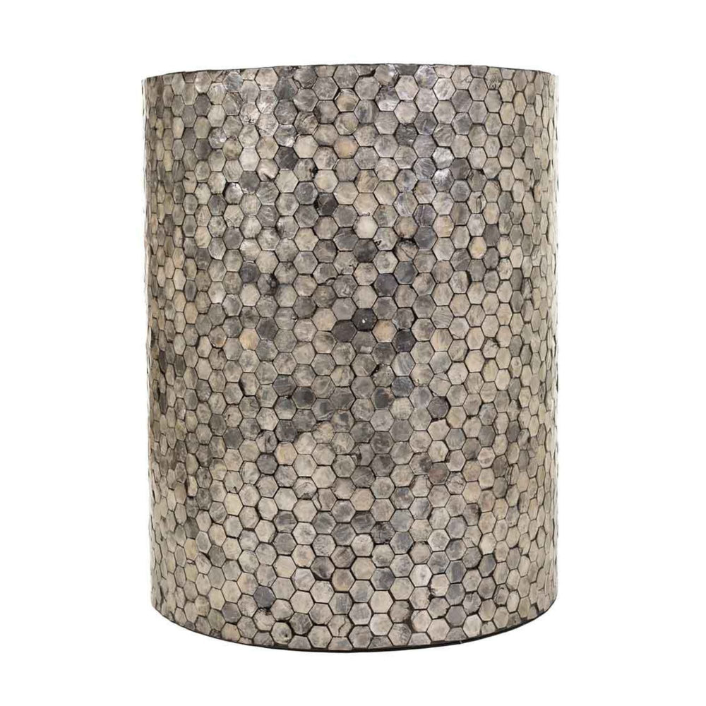 Front view of the cylindrical Bruma Stool made of reclaimed wood and grey capiz.