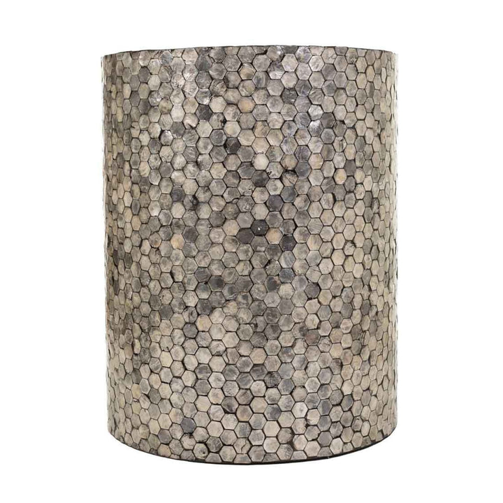 Front view of the cylindrical Bruma Stool made of reclaimed wood and grey capiz.