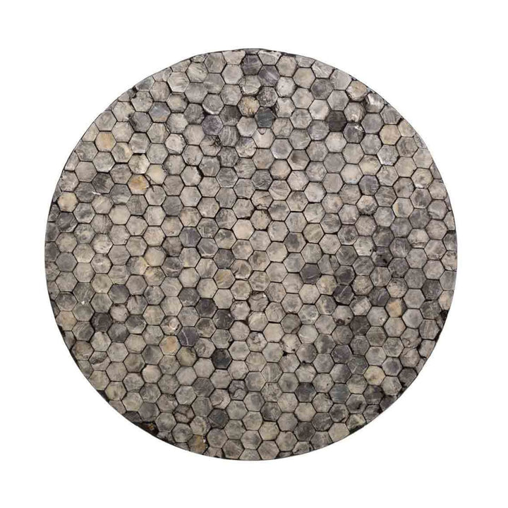Top view of the Bruma Stool Grey Capiz showing its hexagonal shell mosaic surface.