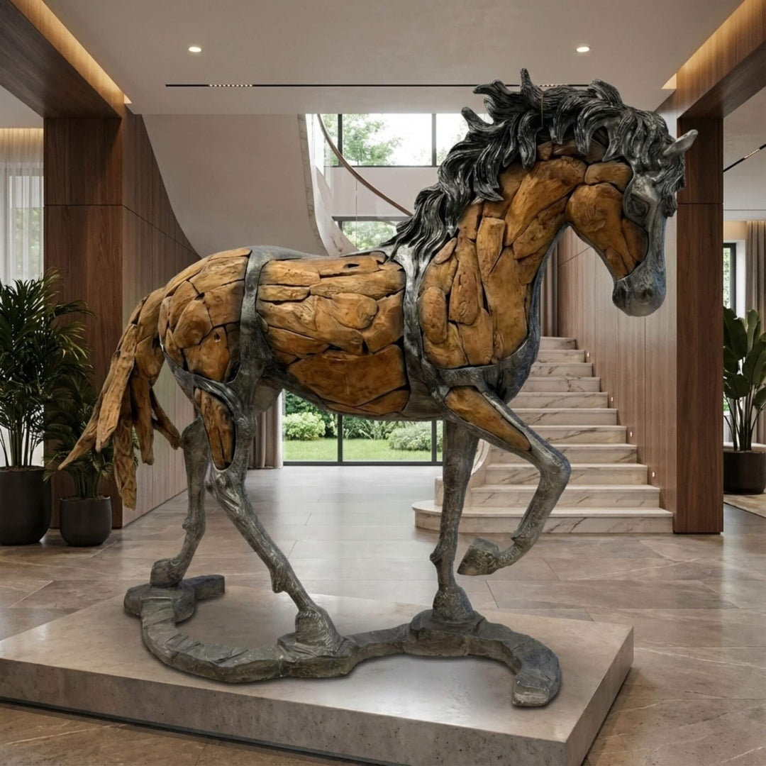 Interior view of Bucephalus Horse displayed in a large architectural space highlighting its monumental scale.