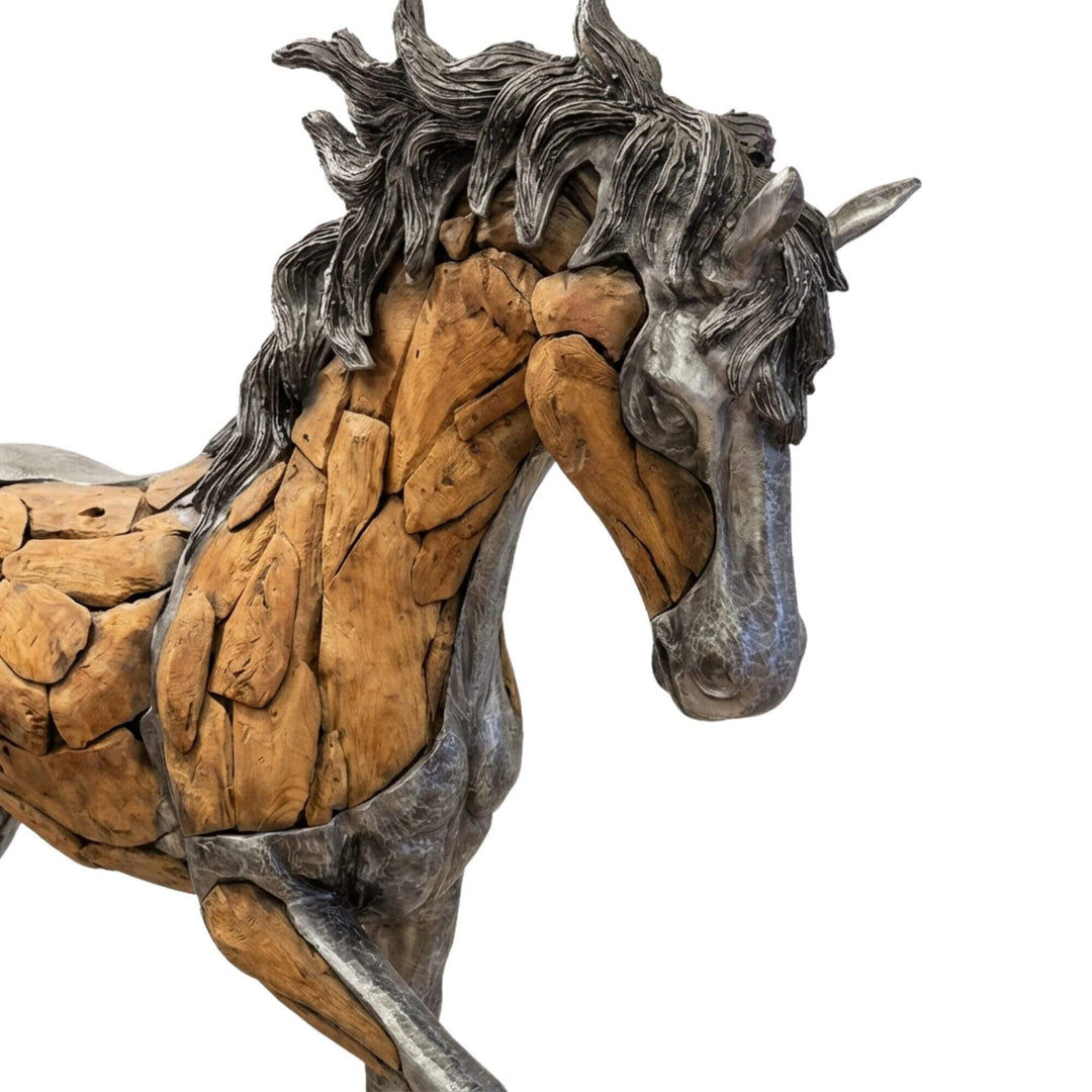 Detail view of Bucephalus Horse head showing expressive carved teak wood and iron mane detailing.