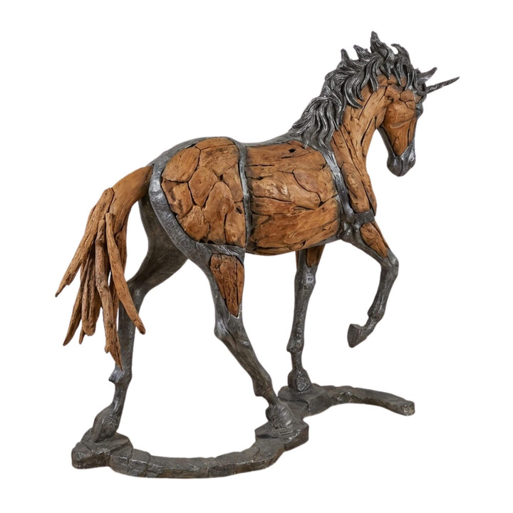Detail view of Bucephalus Horse body highlighting the contrast between reclaimed wood segments and iron framework.