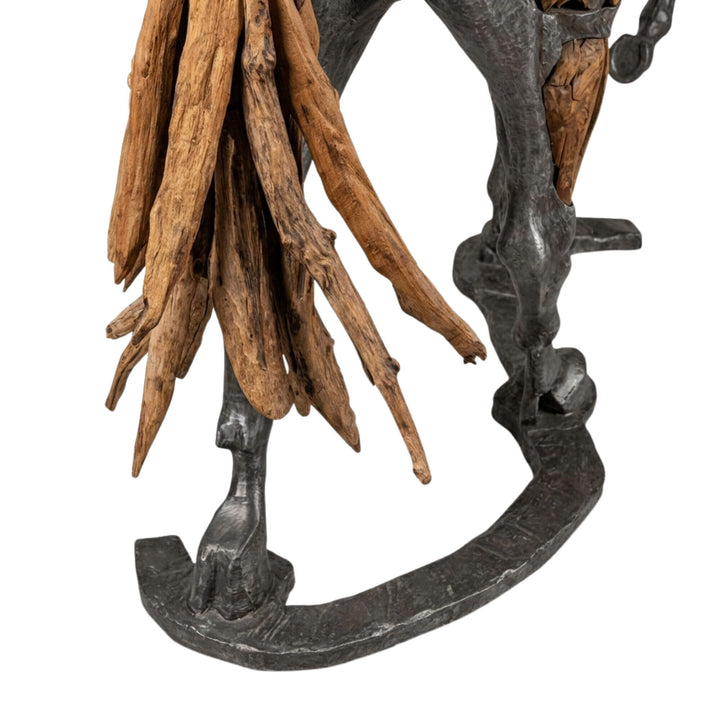 Detail view of Bucephalus Horse tail highlighting reclaimed teak wood texture and sculptural form.