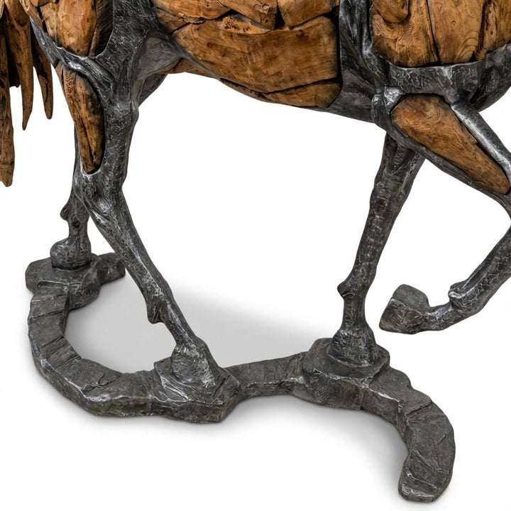 Detail view of Bucephalus Horse legs and iron base showing handcrafted metalwork.
