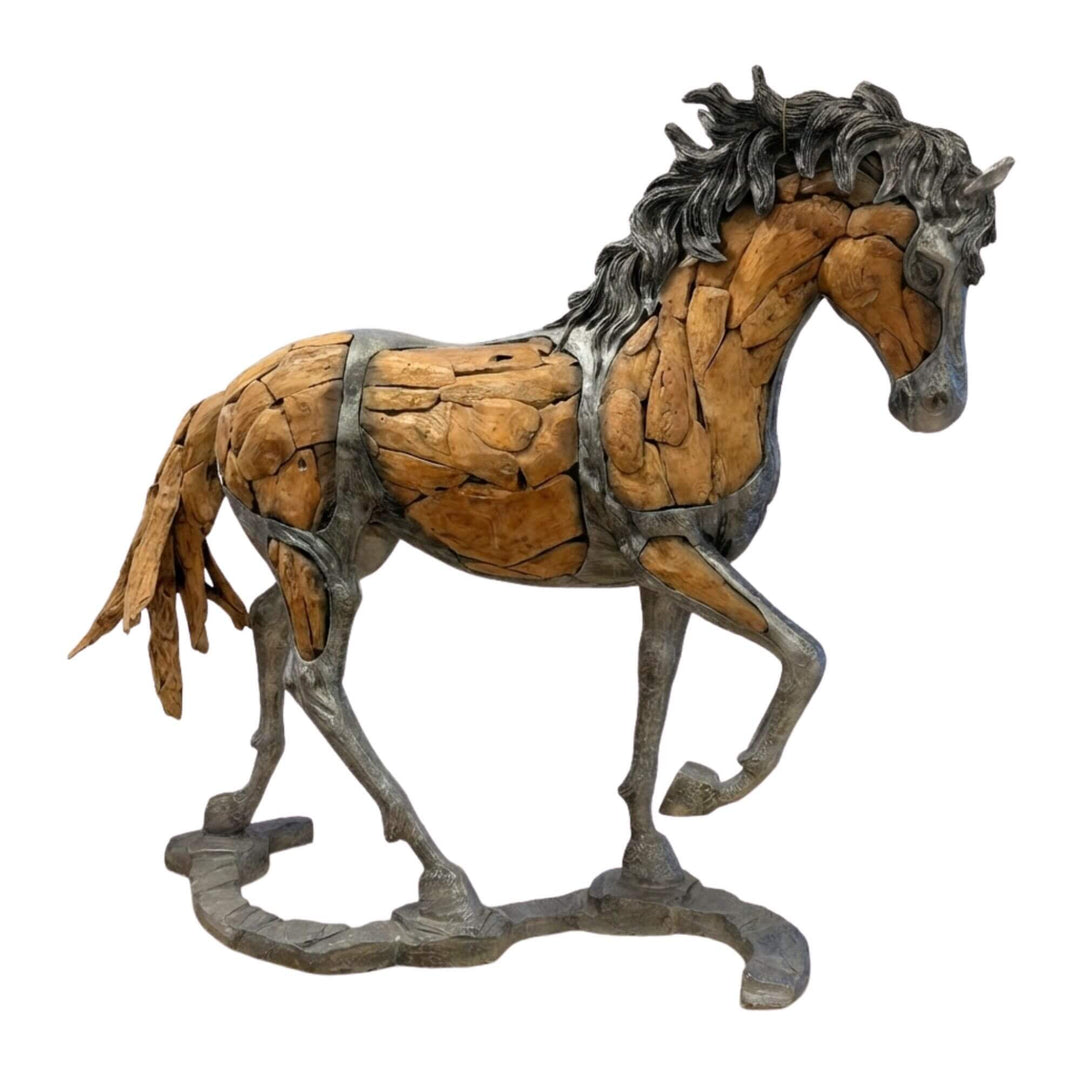 Front view of Bucephalus Horse sculpture made from reclaimed teak wood with iron structure and dynamic posture.