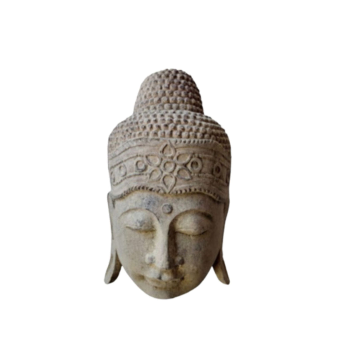 Front view of Buddha Head Wall Deco carved from reclaimed wood with a serene facial expression and detailed headdress.