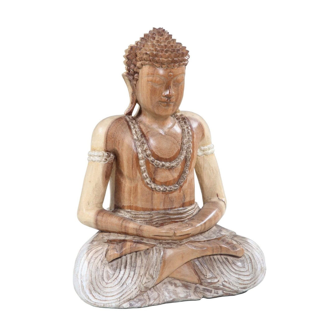 Front view of the Buddha Meditation Wooden Sculpture hand-carved from suar wood.