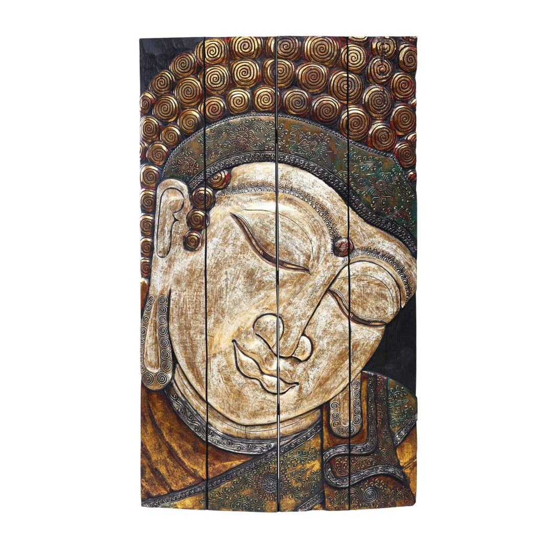 Hand-carved Buddha Paravan wooden screen with gold and earthy tones.