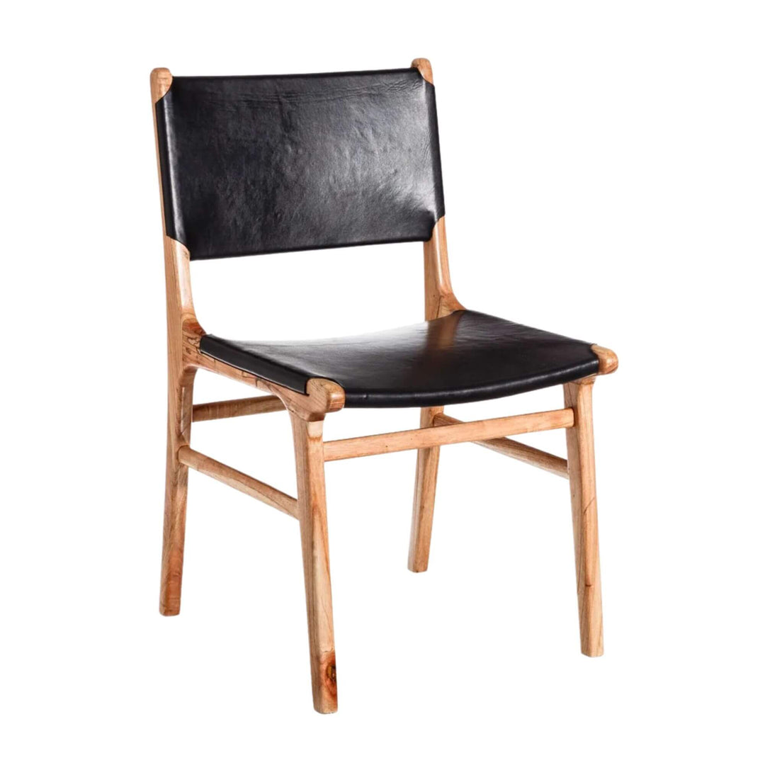 Front view of Buffalo teak dining chair with black leather seat and backrest.