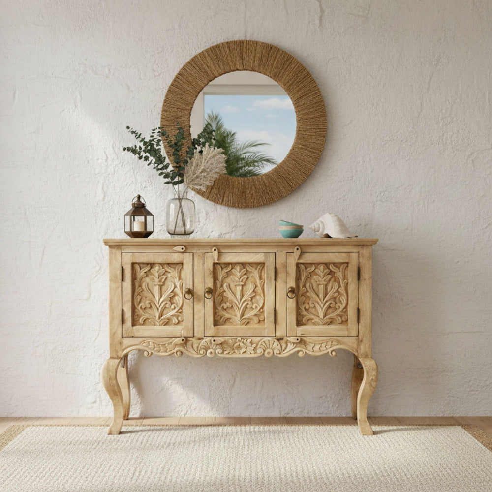 Styled interior featuring the hand-carved White Briss buffet with natural decor.
