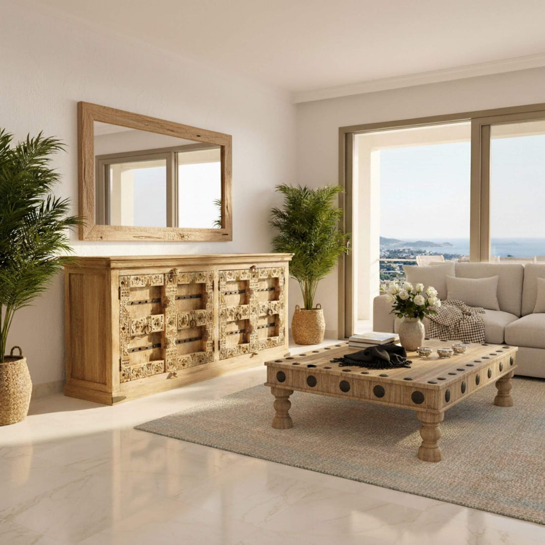 Styled living room setting featuring the Buffet White Briss Collection as a statement piece.