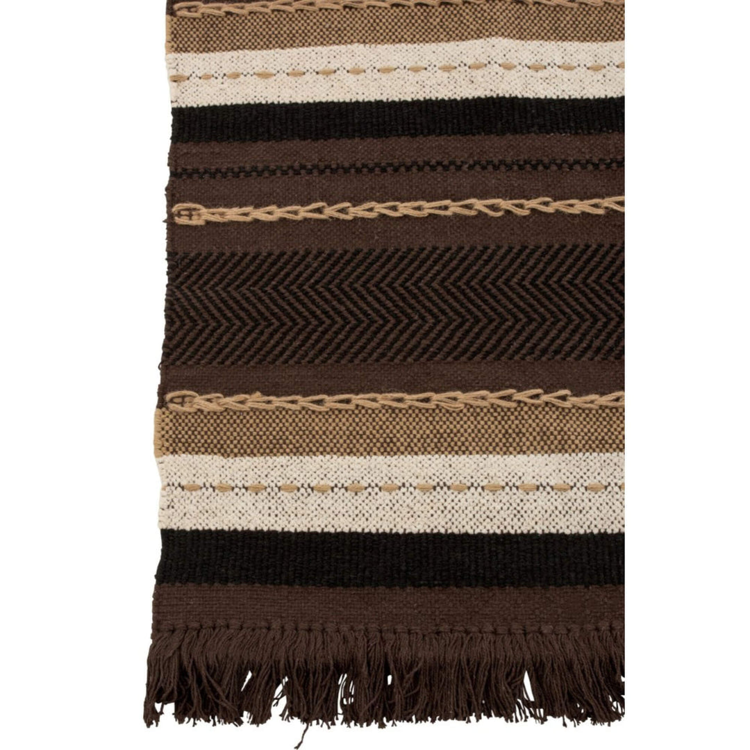 Buga cotton plaid close-up showing woven striped pattern in brown and beige with fringe detail.