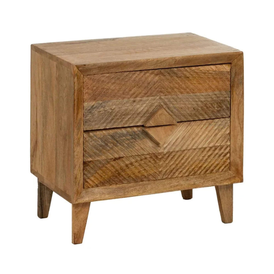 Bulan bedside table front view showing carved mango wood drawer pattern