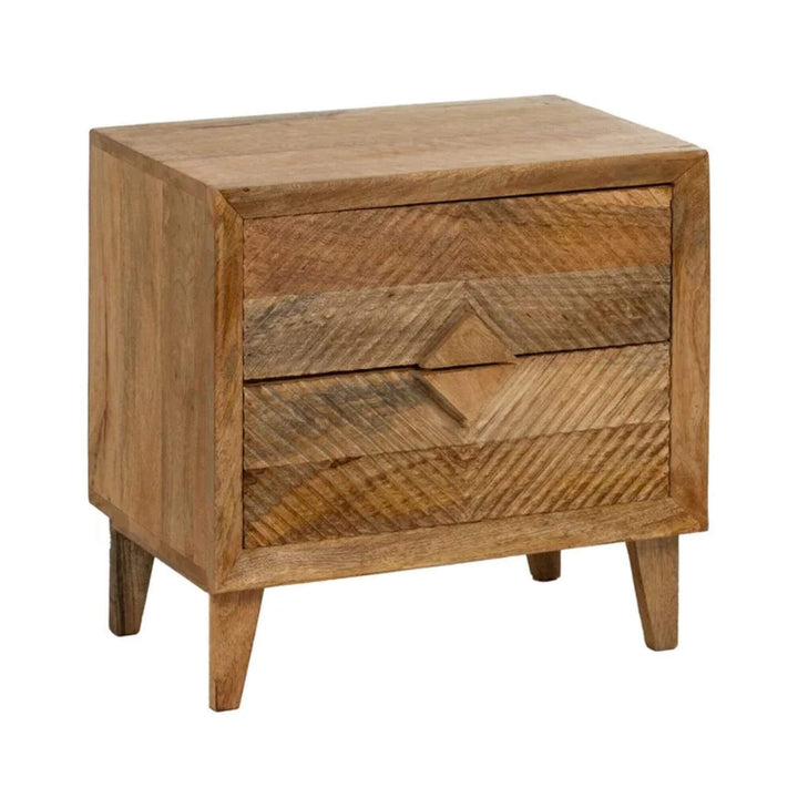 Bulan bedside table front view showing carved mango wood drawer pattern
