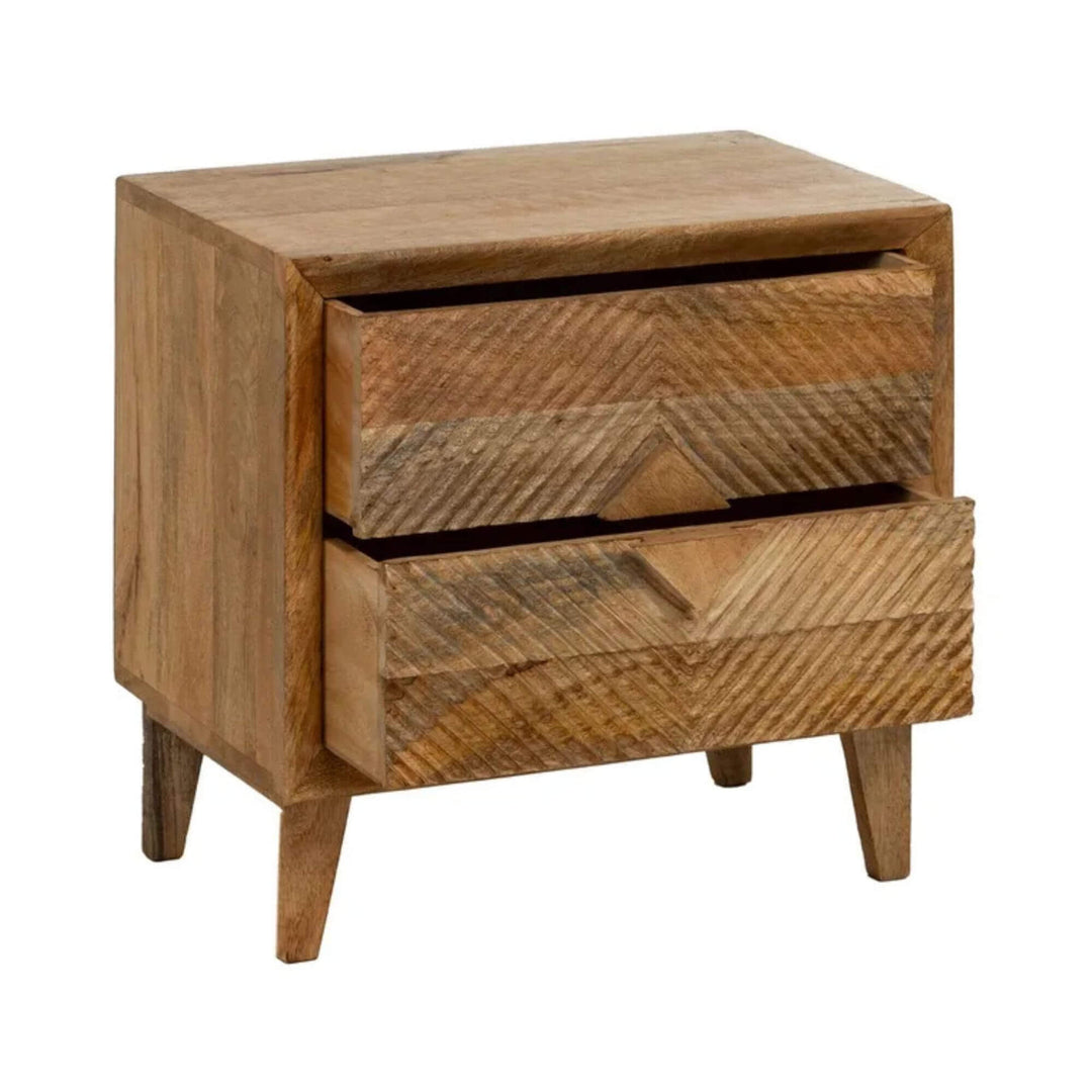Bulan bedside table full view with open drawers and with tapered wooden legs
