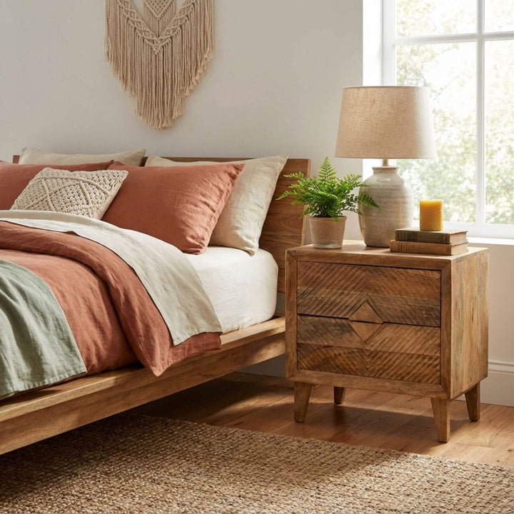 Bedroom with wooden bed and Bulan bedside table, featuring a lamp and decorative items.