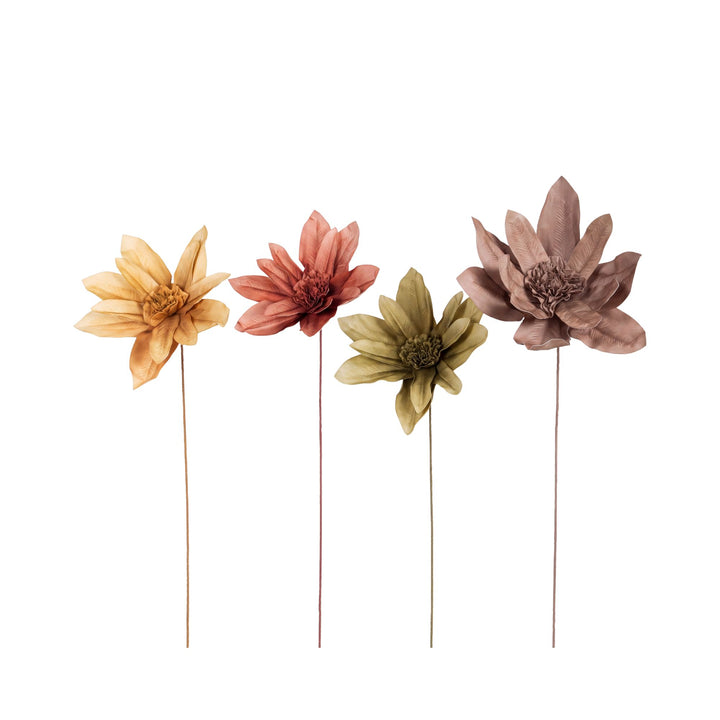 Group view of Bunga artificial flowers showing the four available colors and long decorative stems.