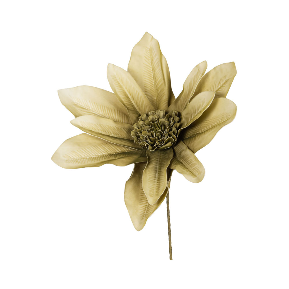 Olive green Bunga artificial flower showing its realistic textured petals and sculptural shape.