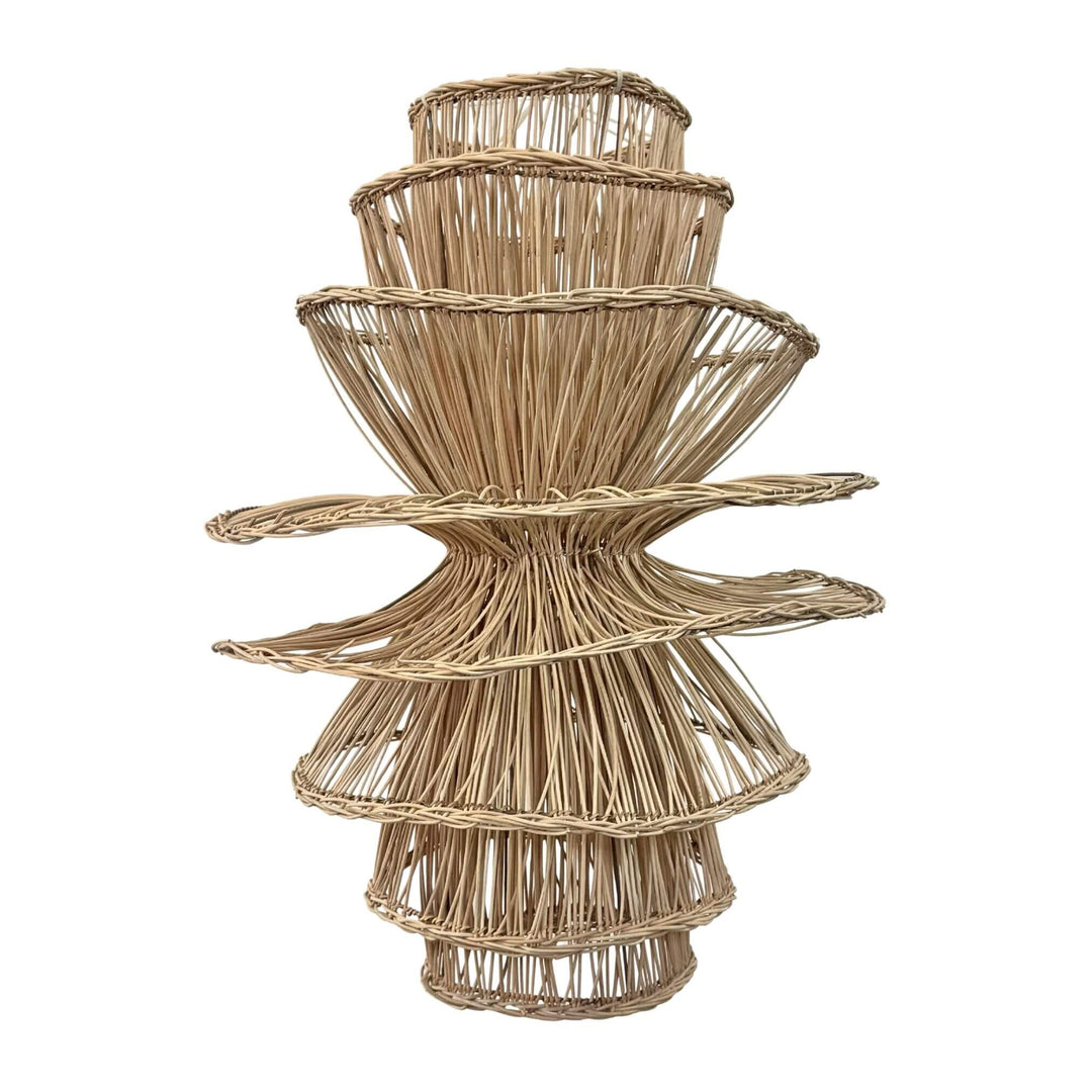 Front view of tiered rattan Bunga ceiling lamp with sculptural design