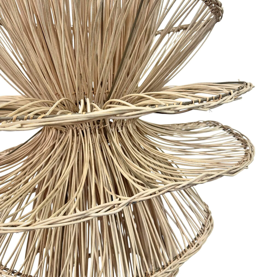 Side angle close-up showing layered weave of Bunga rattan pendant shade